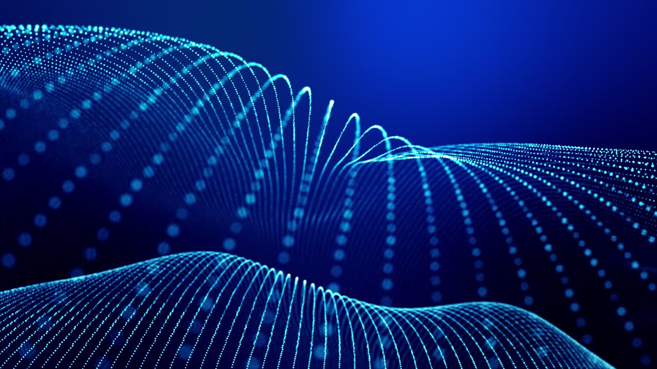 4k looped abstract background of glow particles form lines, surfaces as futuristic landscape in cyberspace or hologram. Sci-fi theme of microworld, nanotechnology or cosmic space. Blue strings 10
