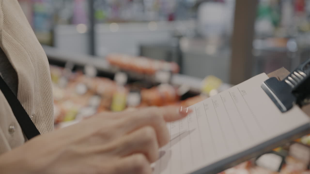 Mujer revisando una lista de compras en un supermercado