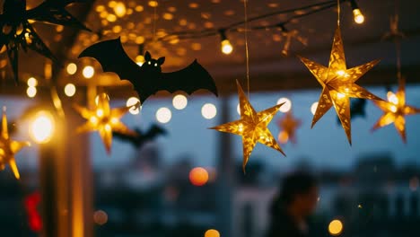 a cozy, magical atmosphere awaits as bats and illuminated stars dance together in a warm, enchanting setting during a nighttime celebration