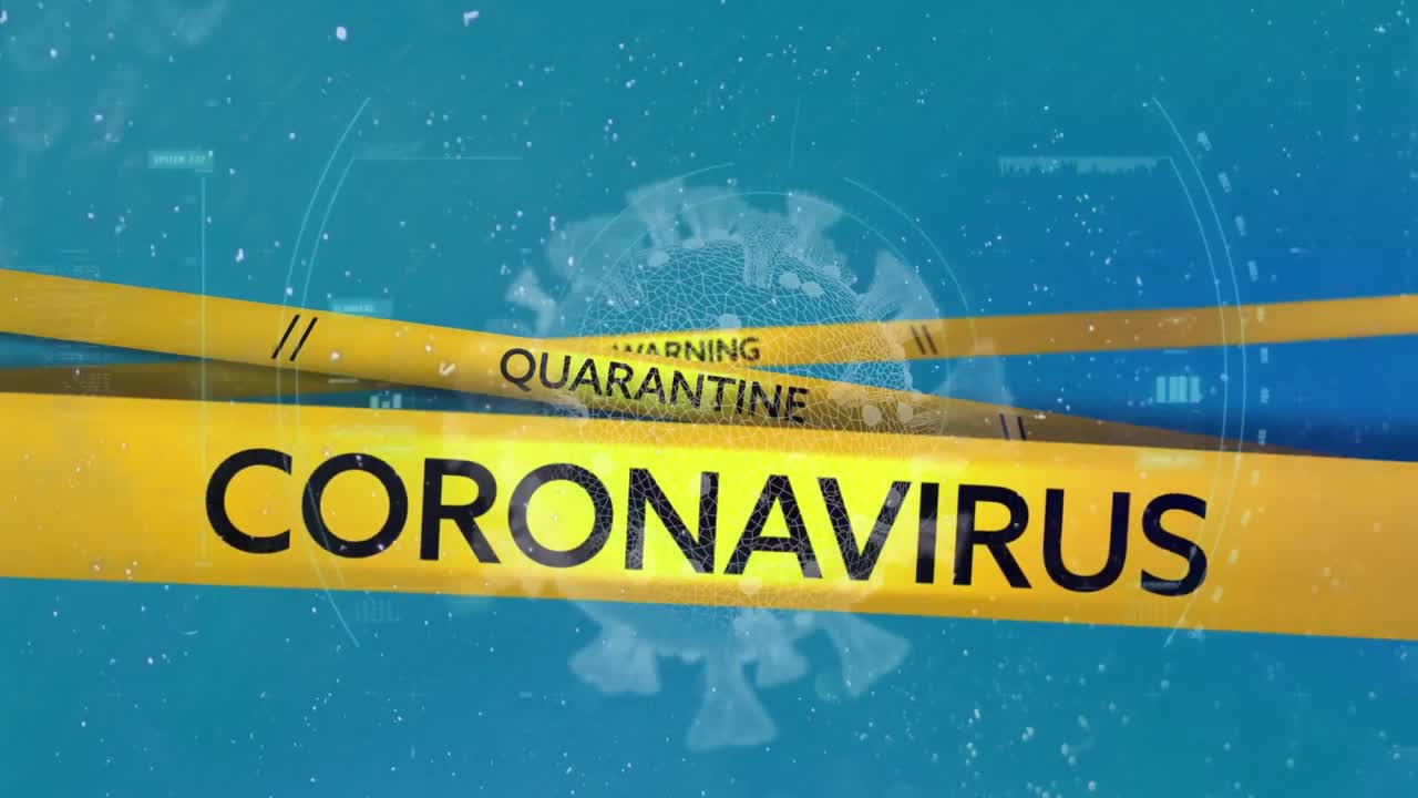 cintas amarillas de la policía con textos de concepto de covid-19 contra el escaneo de alcance sobre la célula de covid-19