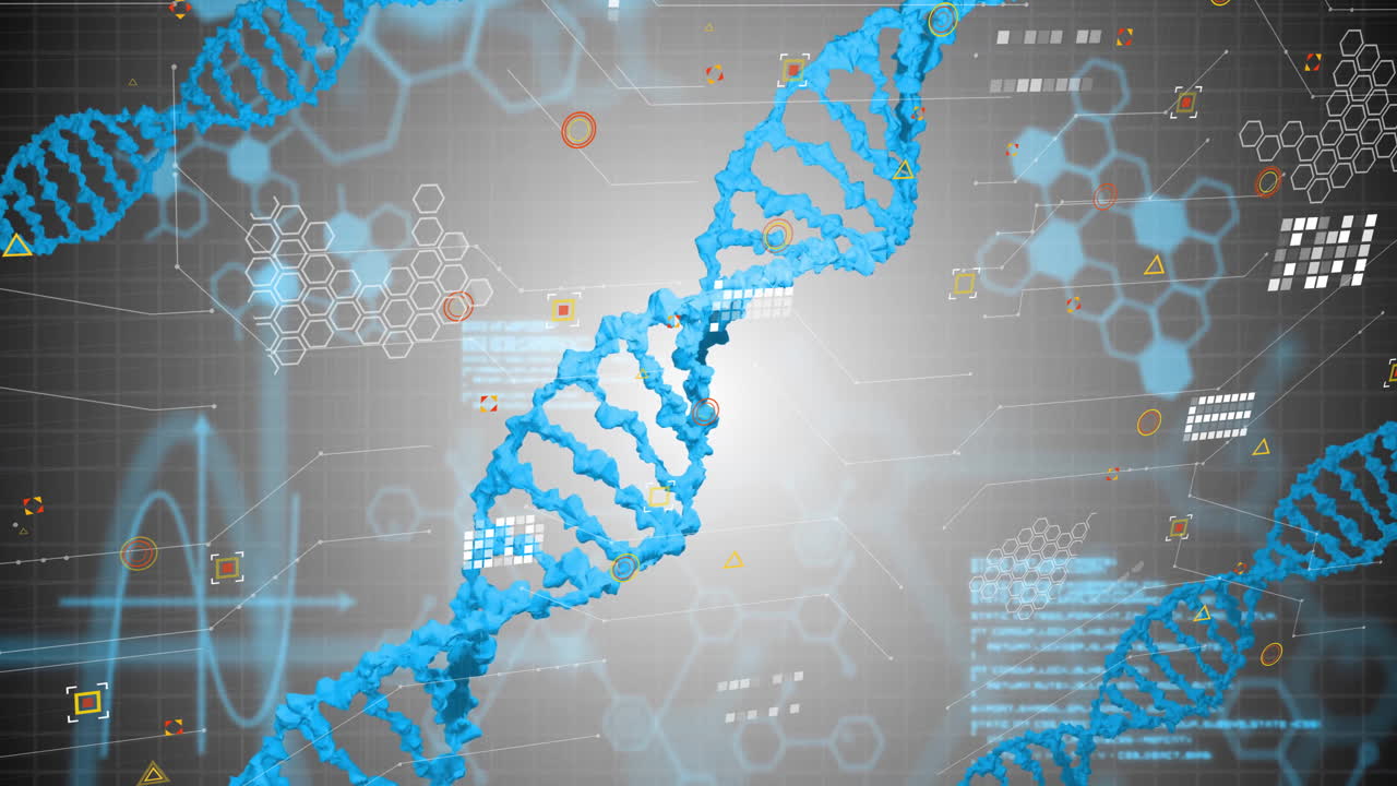 DNA strand and scientific data processing animation over hexagonal grid background