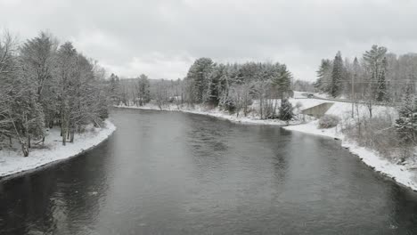 aerial shot from drone that runs along river piscataquis