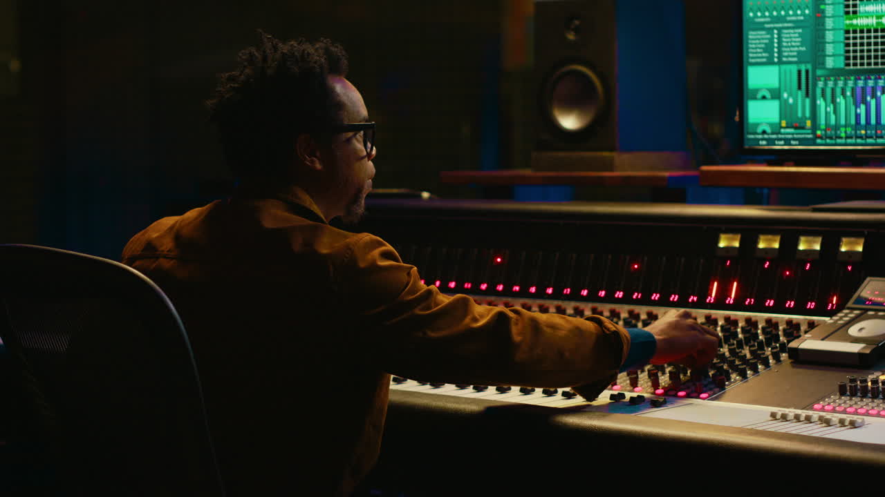 productor de música que opera la consola de mezcla en la sala de control