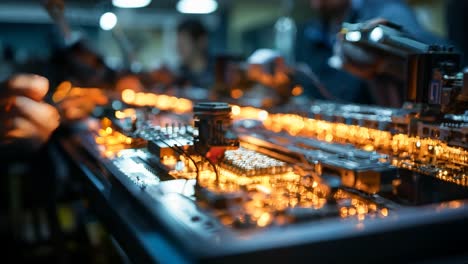hands assembling intricate circuit board under bright workshop lights
