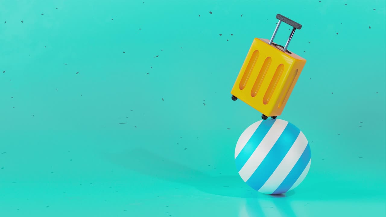 Gelber Reisekoffer auf Wasserball. Sommerreise-Konzept 3D-Loop-Animation