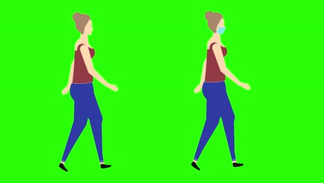 women walking cycle seamless loop , face mask version, green screen chroma key animation, flat design