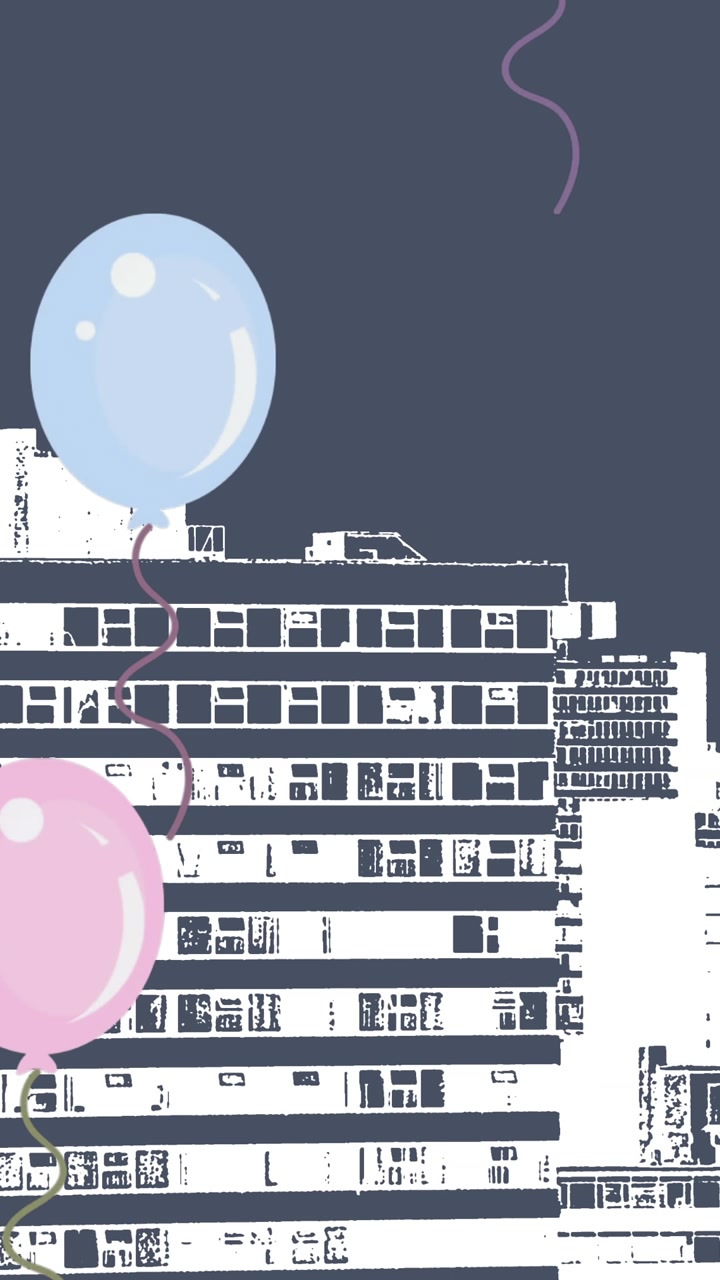 Digital animation of multiple balloons floating over 3d tall buildings model against blue background