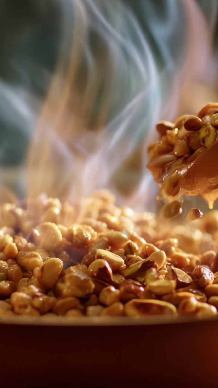Deilig sprø, ristede nøtter: Nærbilde av varm, smaksrik nøtteblanding med røyk, perfekt for snacks og for å nyte den smaksrike sprøheten