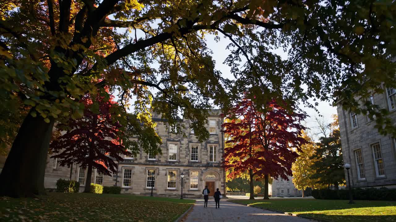 Wide-angle video captures a serene campus scene with historic buildings framed by vibrant autumn