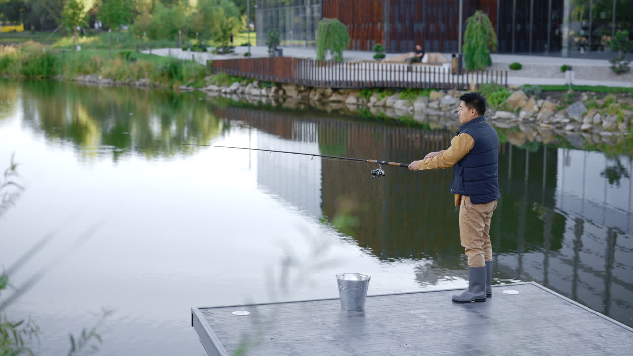 Man Fishing on a Dock by a Lake