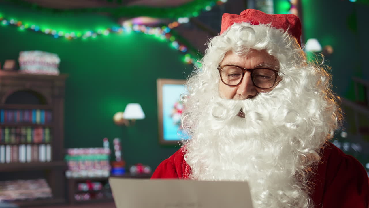 Santa Claus reading a letter at Christmas
