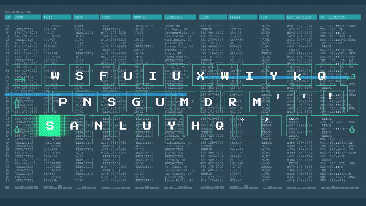 Cybersecurity interface showing neon green and white pixel tiles over code text, using flat design