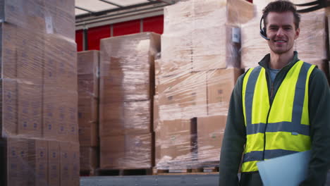 Portrait-Of-Male-Freight-Haulage-Worker-With-Clipboard-And-Headset-By-Lorry-Being-Loaded-With-Boxes