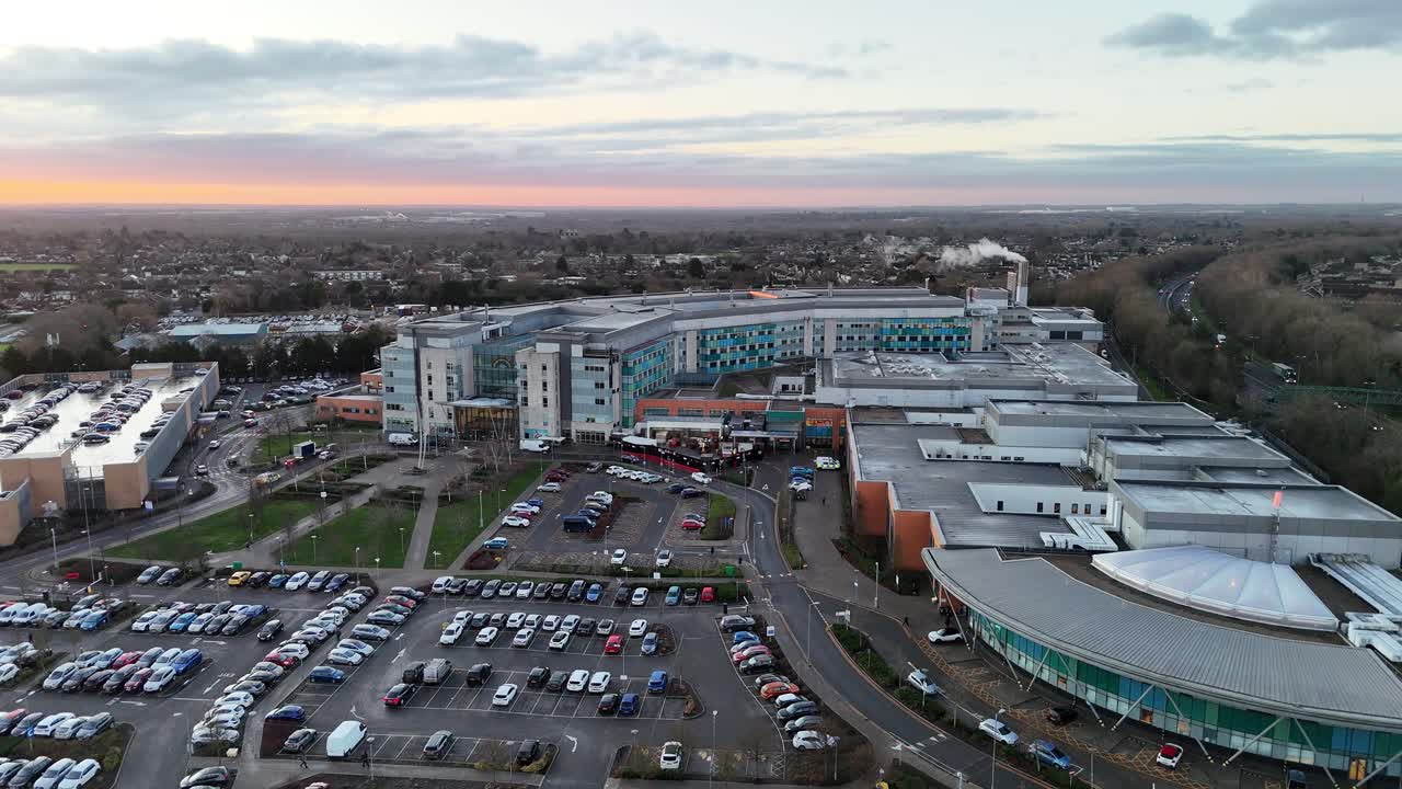 Peterborough city hospital UK drone,aerial push in shot