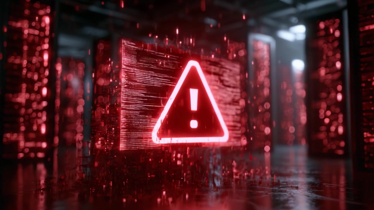 Alert and Warning Signs in a Digital Environment with Red Neon Lighting and Data Streams Representing Risk or Hazard Situations in a High-Tech Space