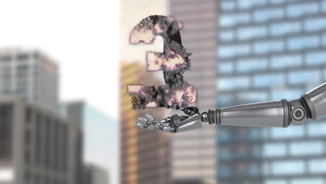 robot hand holding burning pound symbol animation over cityscape background