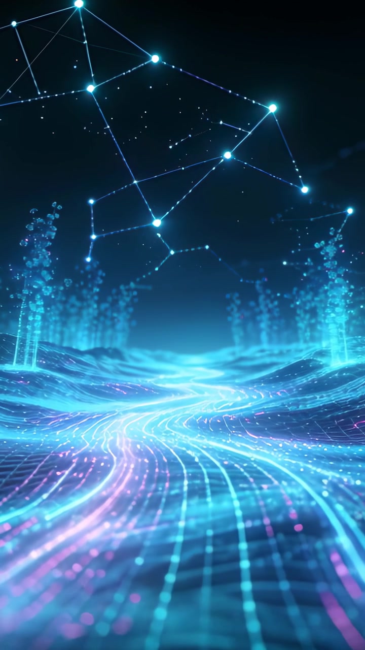 Vertikal video: Sekvens starter, neongitter bølger i cyberspace med en datasti å krysse.