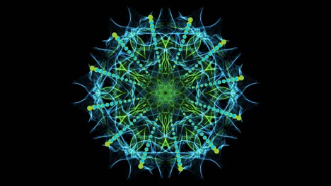 green and blue fractal mandala rotating and zooming, video animation on black background. animated symmetric patterns for spiritual and meditation training, calming exercises