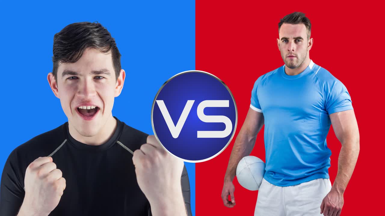 Animation of caucasian male rugby players over blue and red background