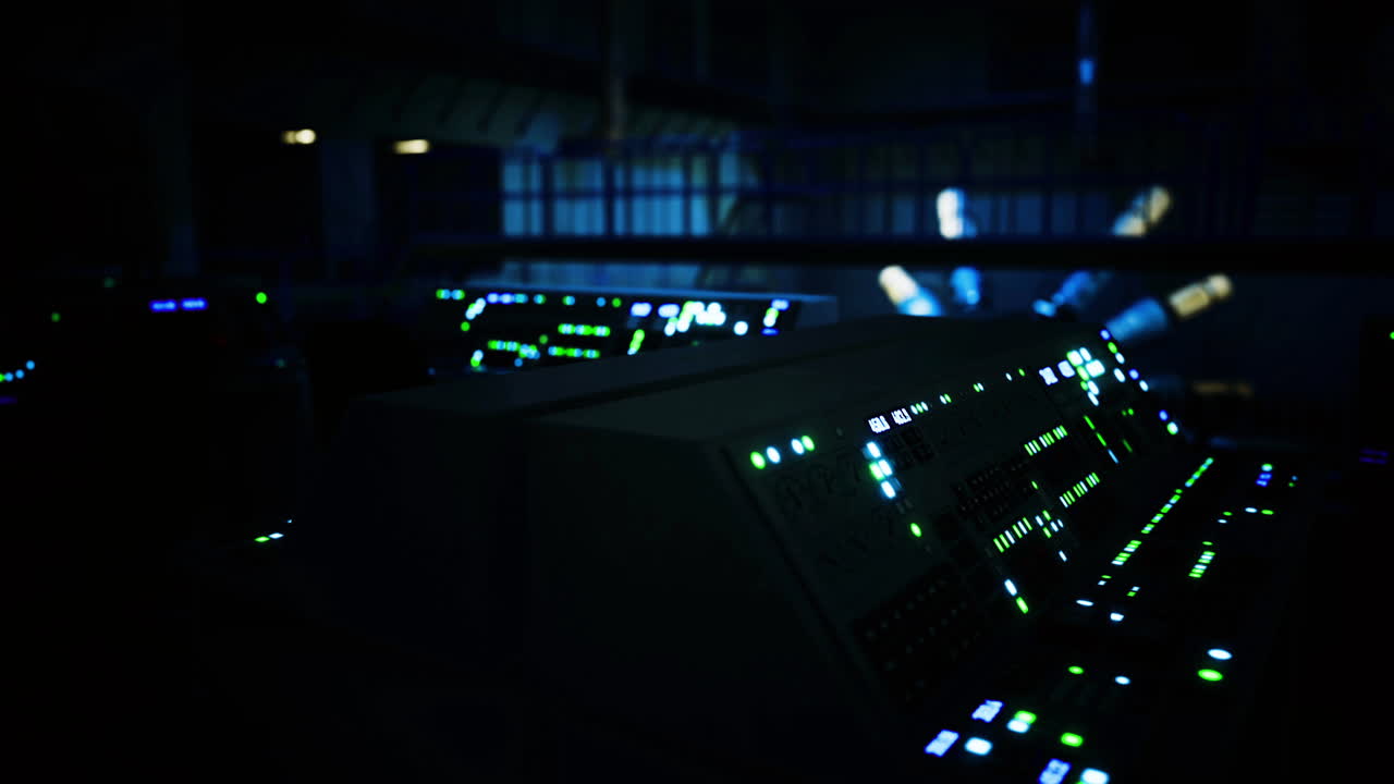 Control room illuminated by glowing screens in a dark environment
