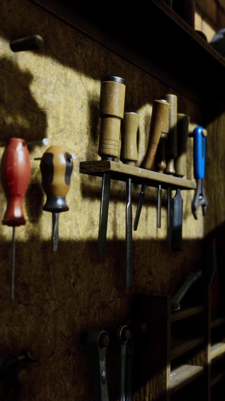 Woodworking tools arranged on a wall in a workshop for crafting projects
