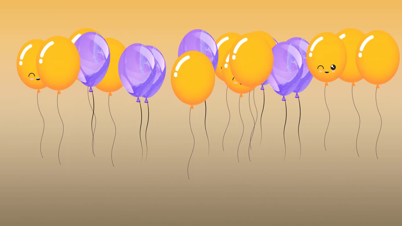 animación de globos amarillos púrpuras con caras rebotando sobre un fondo amarillo