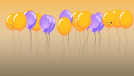 Animation-Von-Violett-gelben-Luftballons-Mit-Hüpfenden-Gesichtern-Auf-Gelbem-Hintergrund