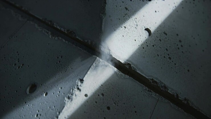 Shifting light beams causing dust plume rising from cross seam concrete joint in building, pits