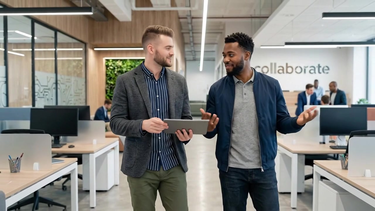 Two Business Colleagues Discussing Work on a Tablet in a Modern Office