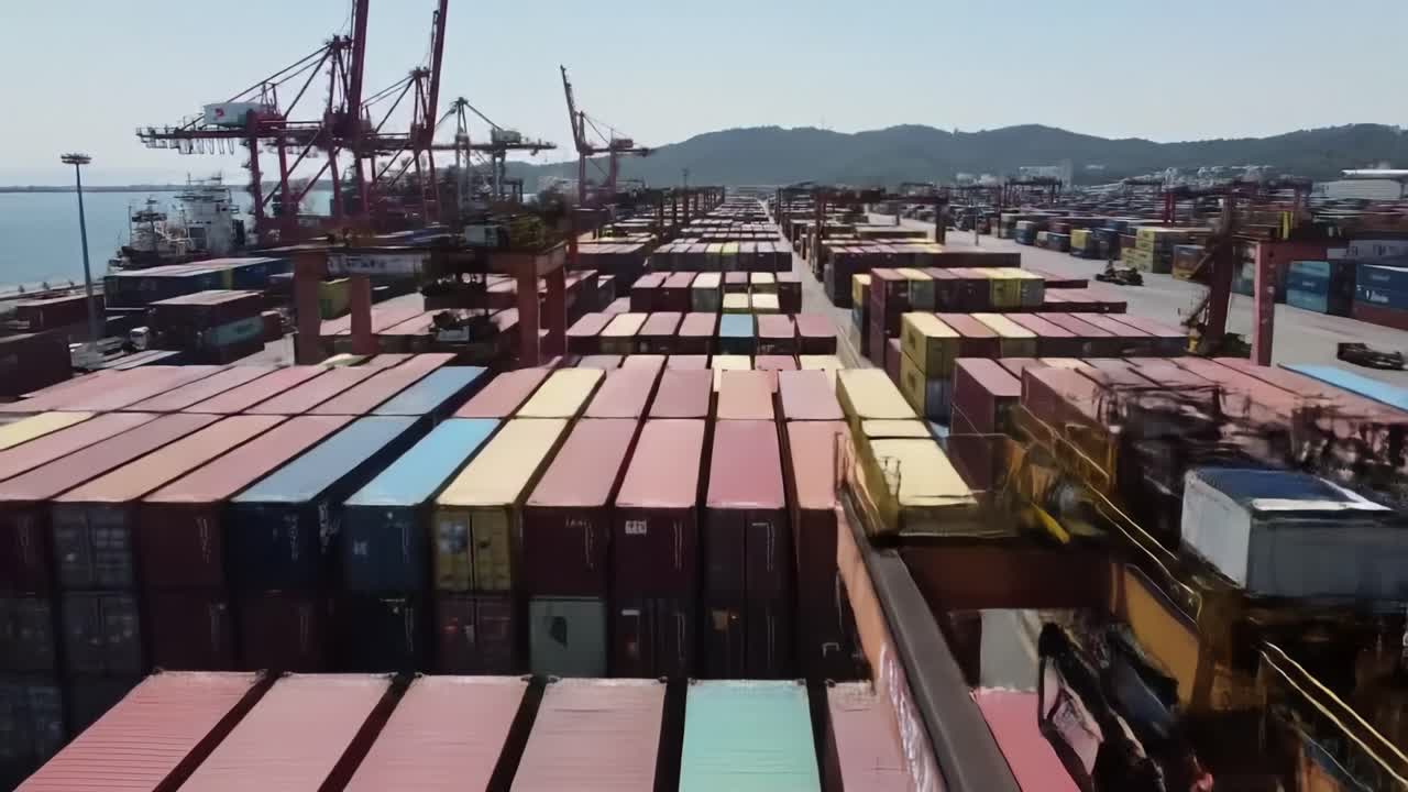 Cargo containers are stacked in a busy port, while cranes lift and move shipments. The operation involves multiple ships, highlighting the scale of maritime logistics.