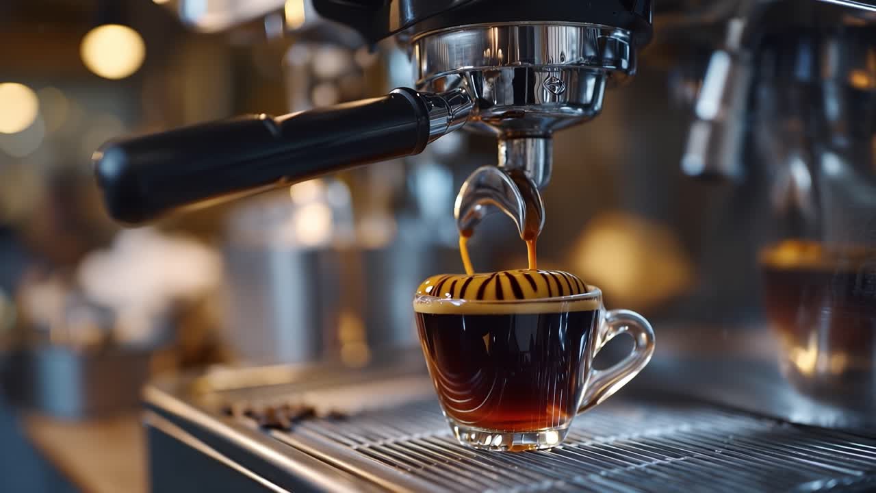 Rich espresso pours into a clear glass cup. Steam rises gently from the machine's spout. Warm lighting highlights the coffee's deep color. Barista's focused hands guide the process