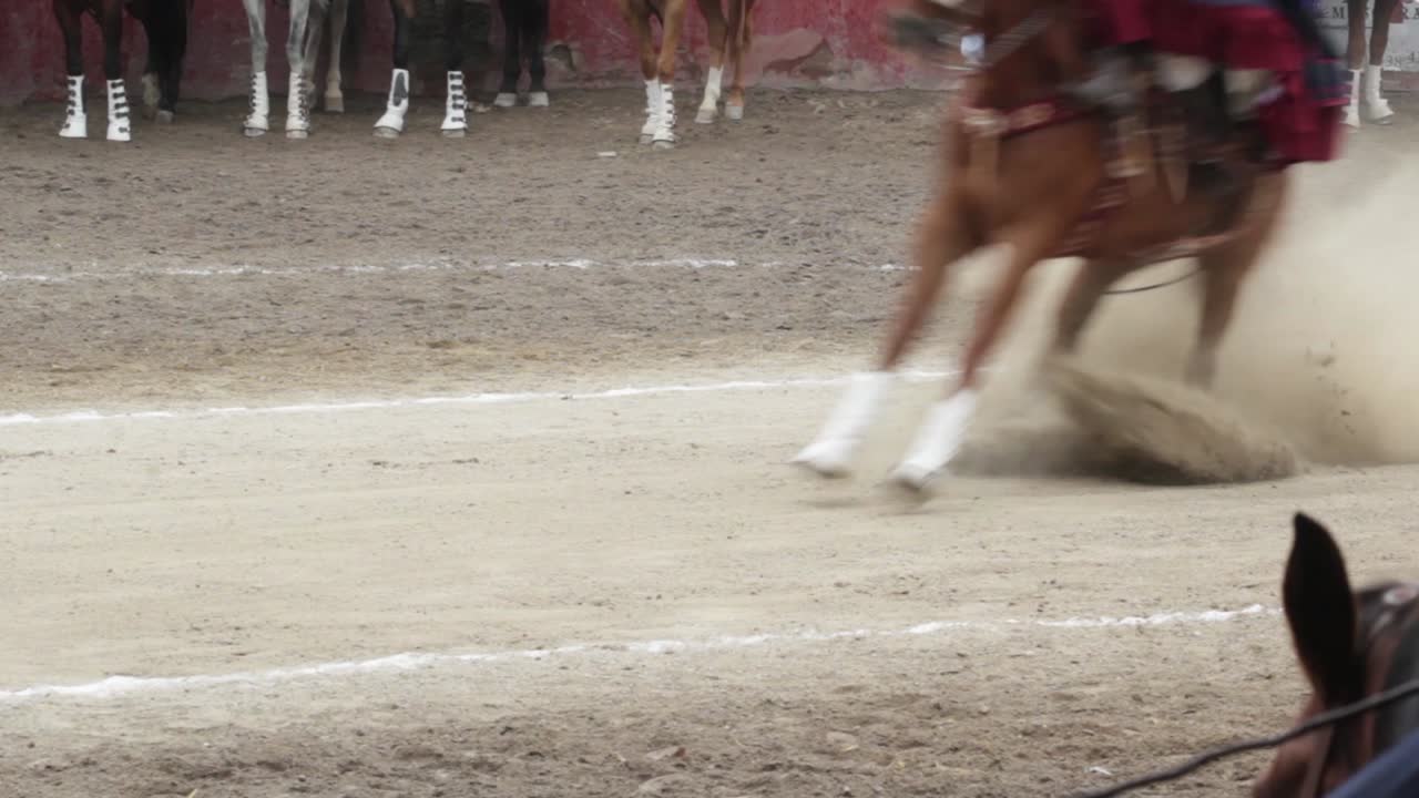 a mexican escaramuza performing riding side-saddle and wearing traditional Mexican outfit perform a stunt, consisting in sudden stop of the horse from galloping