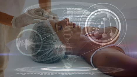 animación de adn con una mujer en una clínica en el fondo