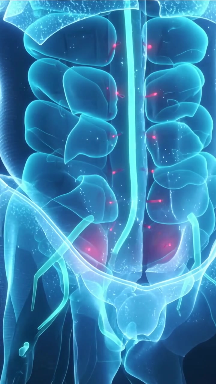 Vertical video: Inserting cyan probe into rectal canal in 3D anatomy, detecting rectum hotspots