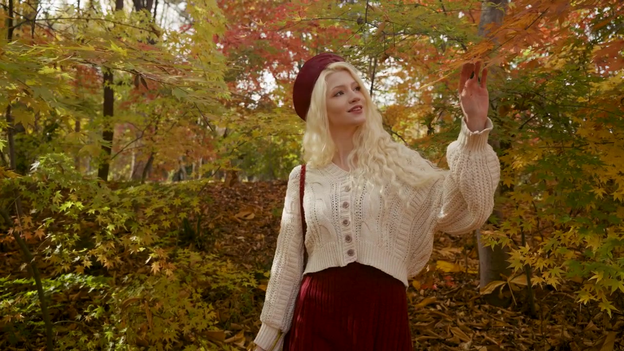 Bella donna bionda cammina attraverso una foresta autunnale ammirando aceri giapponesi colorati e vivaci al rallentatore, tenendo una foglia di castagno in mano