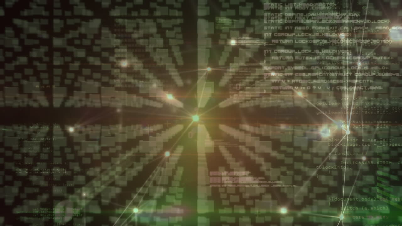 어두운 배경 위의 데이터 처리 및 연결 네트워크의 애니메이션