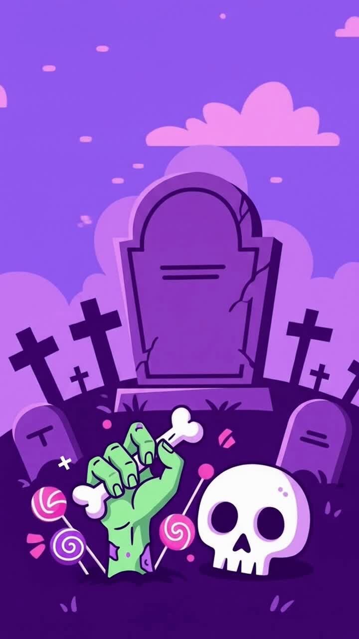 Cartoon Zombie Hand Rising from a Grave in a Spooky Graveyard