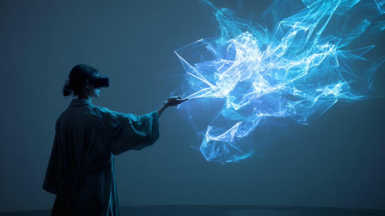 Immersive Virtual Reality Experience: A User Engaging with Dynamic Digital Visuals and Light Forms, Creating Stunning Abstract Designs through Innovative Interaction Technologies and Advanced Graphics