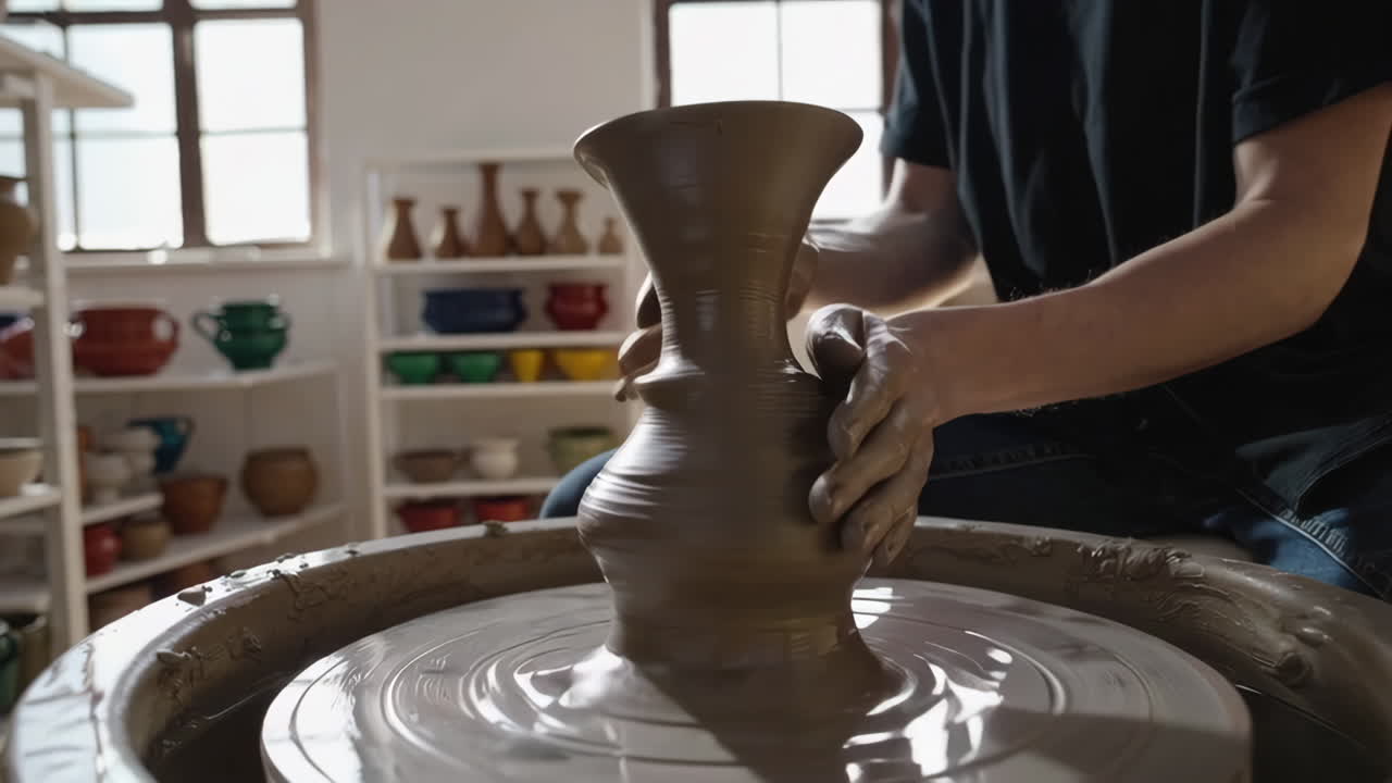 artista de cerámica formando arcilla en una rueda