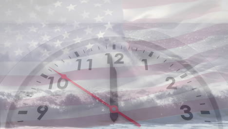 animation of fast moving hands on clock over american flag and cloudy sky