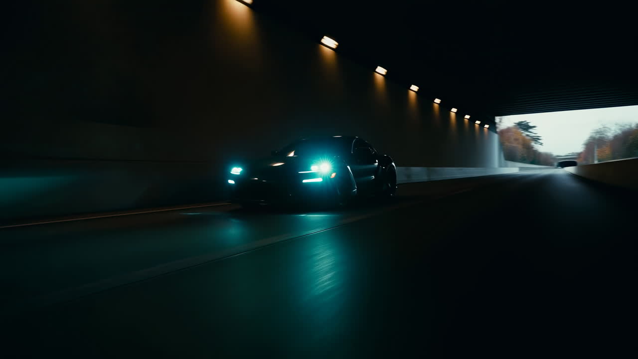 Auto Sportiva Che Sfreccia Nel Tunnel, Fari Verde Acqua Che Tagliano L'Oscurità, Tracking Shot Dal Basso, Asfalto Bagnato