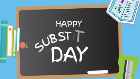 multiple school equipment icons falling against happy substitute day text over wooden slate