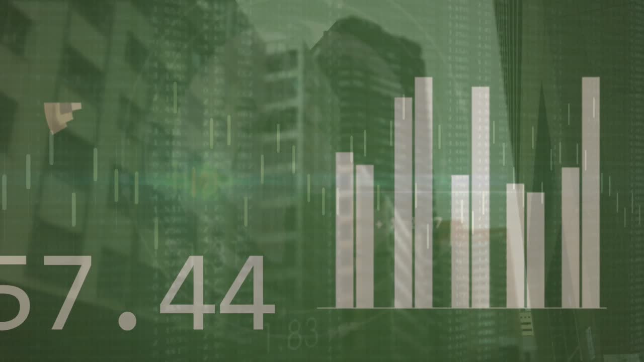 animación del procesamiento de datos financieros sobre el paisaje urbano