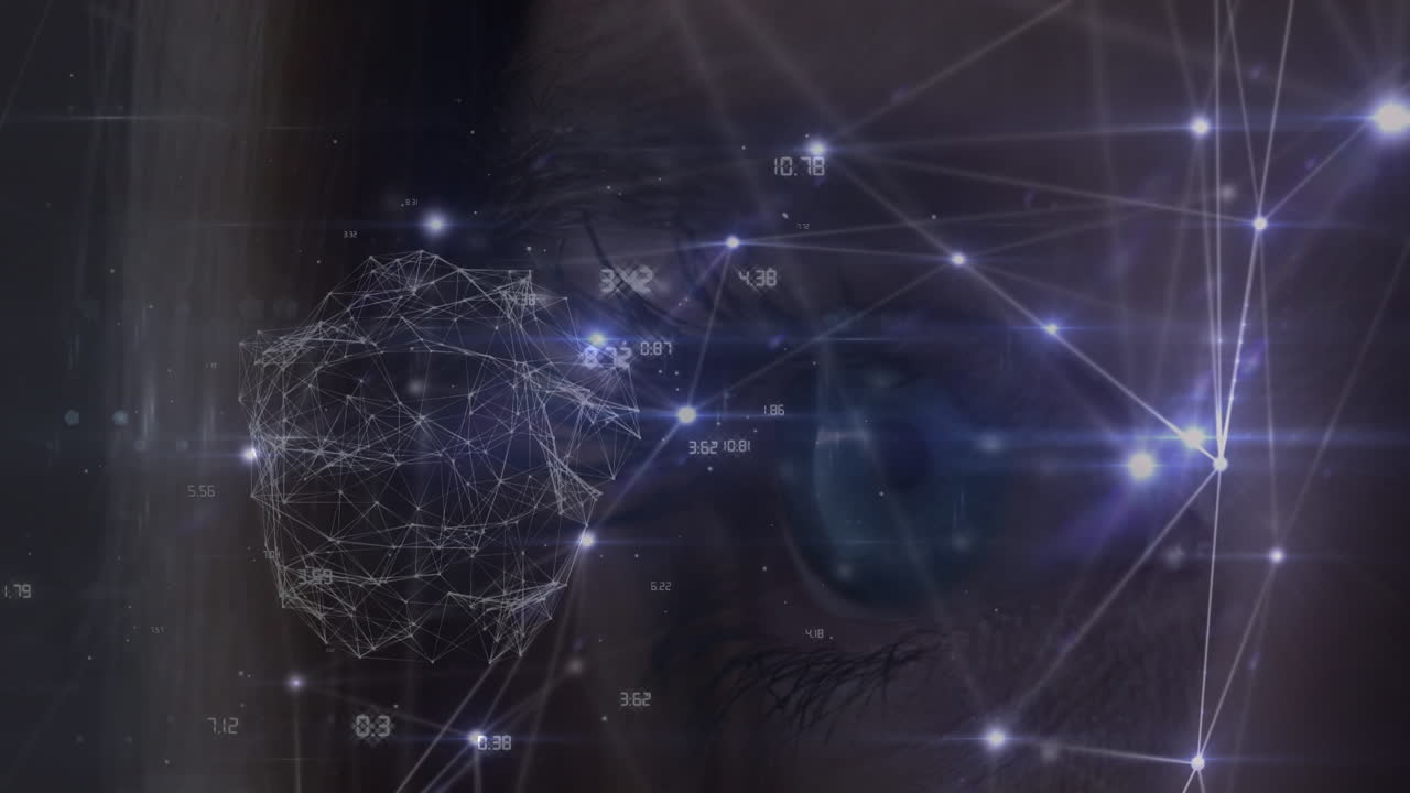 animación de la red de conexiones sobre el ojo de la mujer caucásica