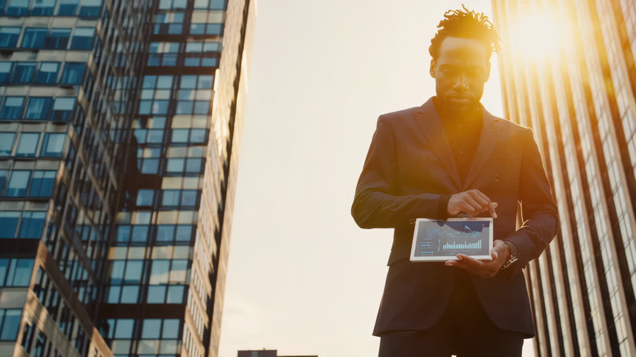 hombre de negocios usando tableta en la ciudad