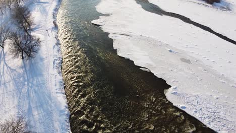 gefrorener winterfluss mit fließendem wasser in drohnenaufnahme aus hohem winkel