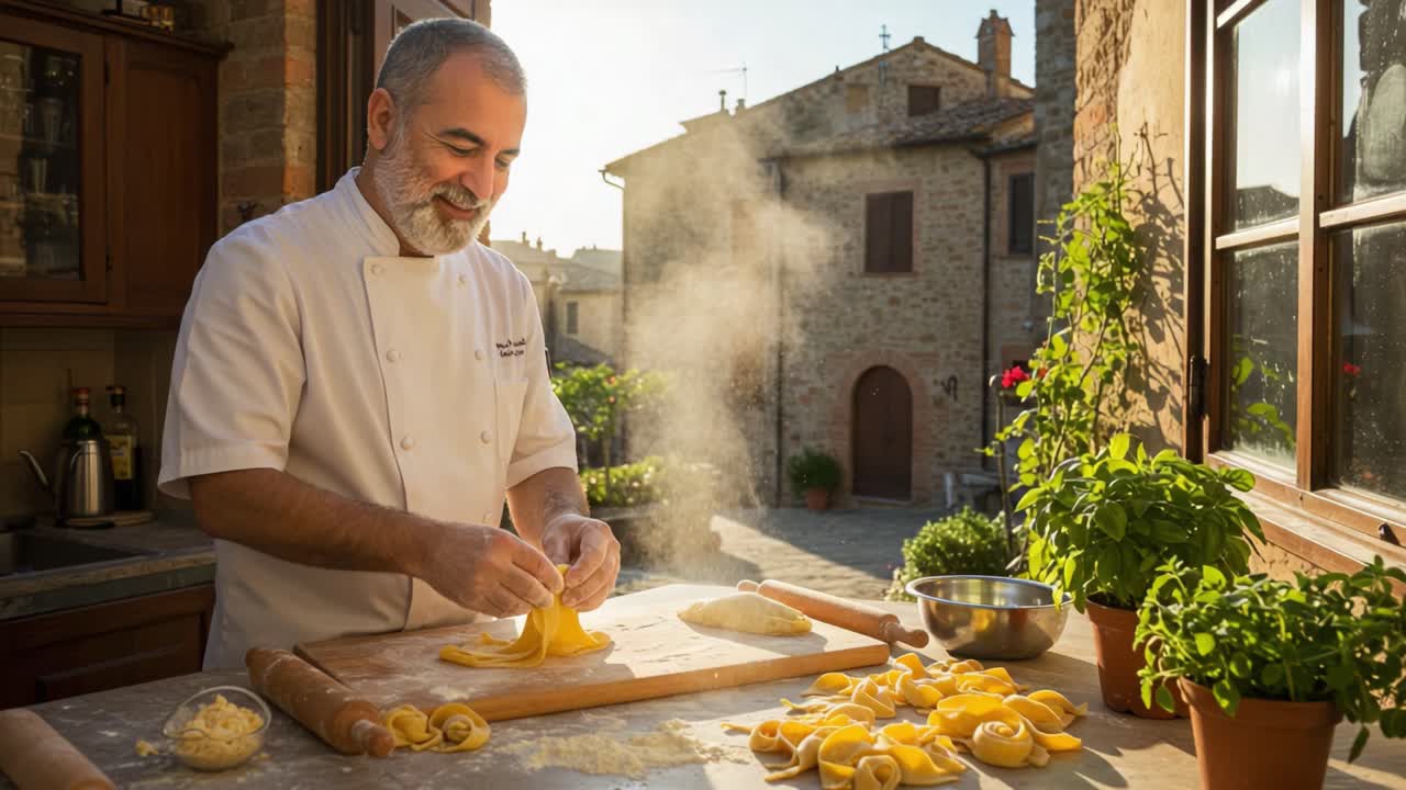 A Culinary Journey: Master Chef Skillfully Prepares Fresh Pasta Dough Under the Warm Sunlight in a Charming Outdoor Kitchen Setting