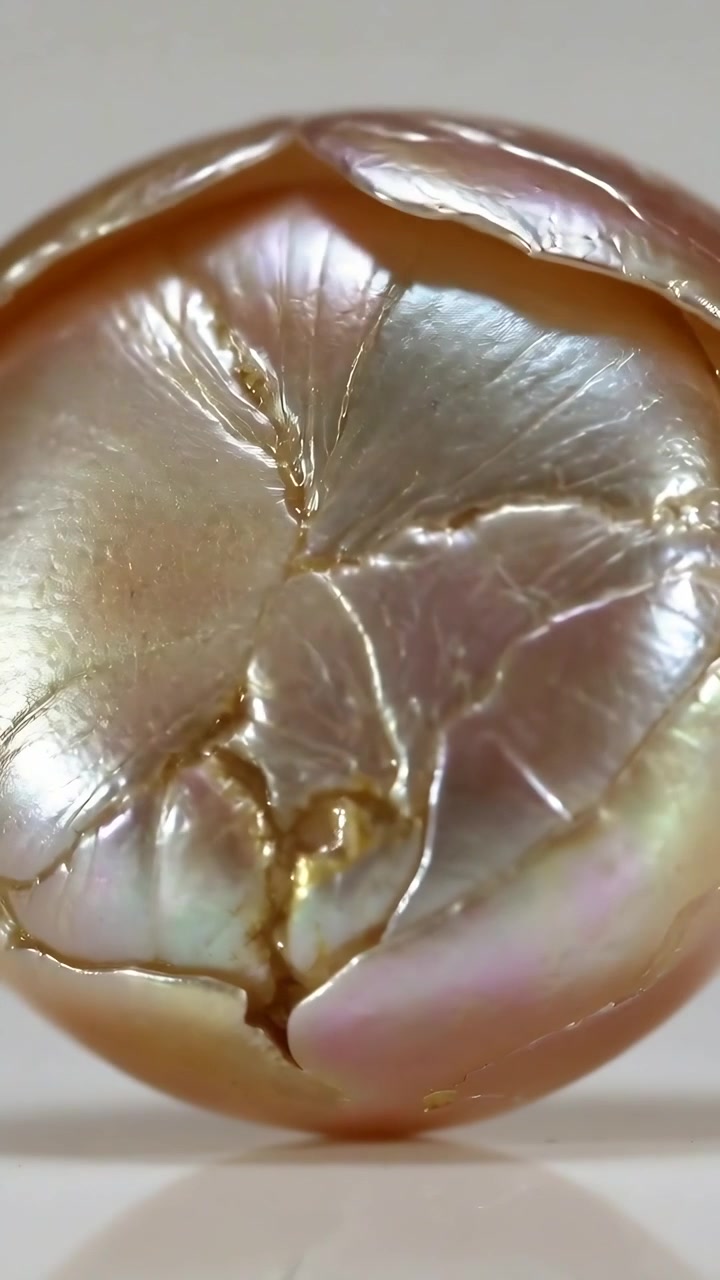 Video verticale: Telecamera che panoramica avvicinando una perla rotonda iridescente su un tavolo, rivelando delle crepe.