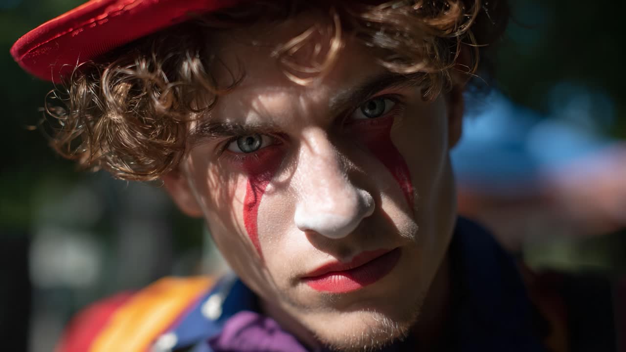 Fängslande porträtt av en clown som visar intensiva känslor med slående sminkning och konstnärligt uttryck fångat i två bildrutor av ett dynamiskt framträdande