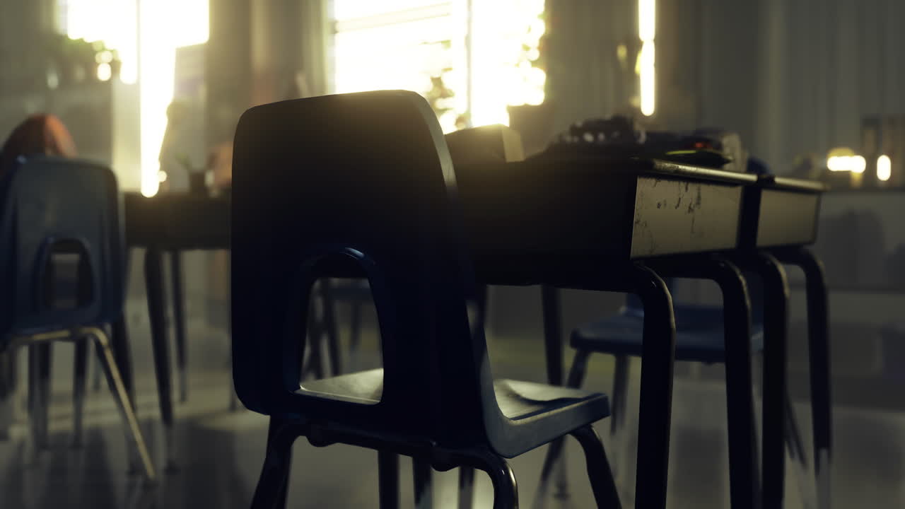 Sunlit empty classroom with reflections on desks and chairs